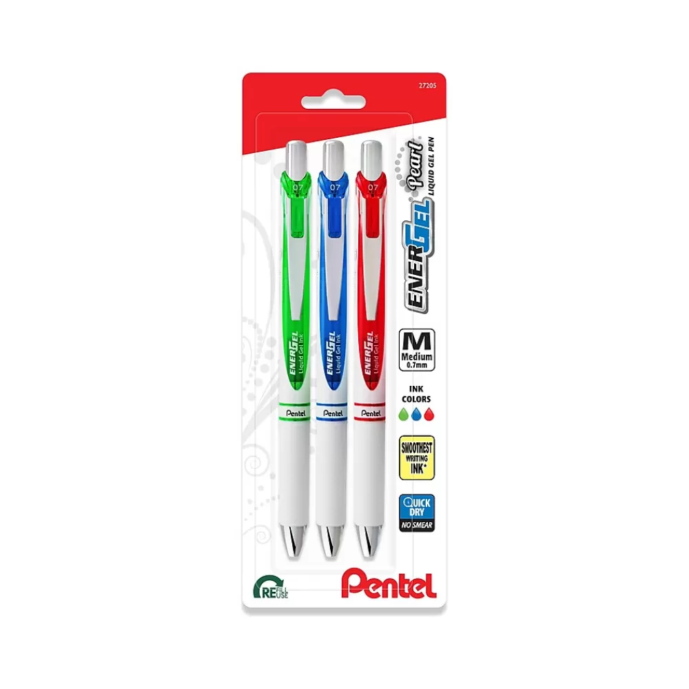 Pentel Pens<EnerGel Pearl Retractable Gel Pens, Medium Point, 0.7mm, Assorted Inks, 3/Pack (BL77WBPS3M3)