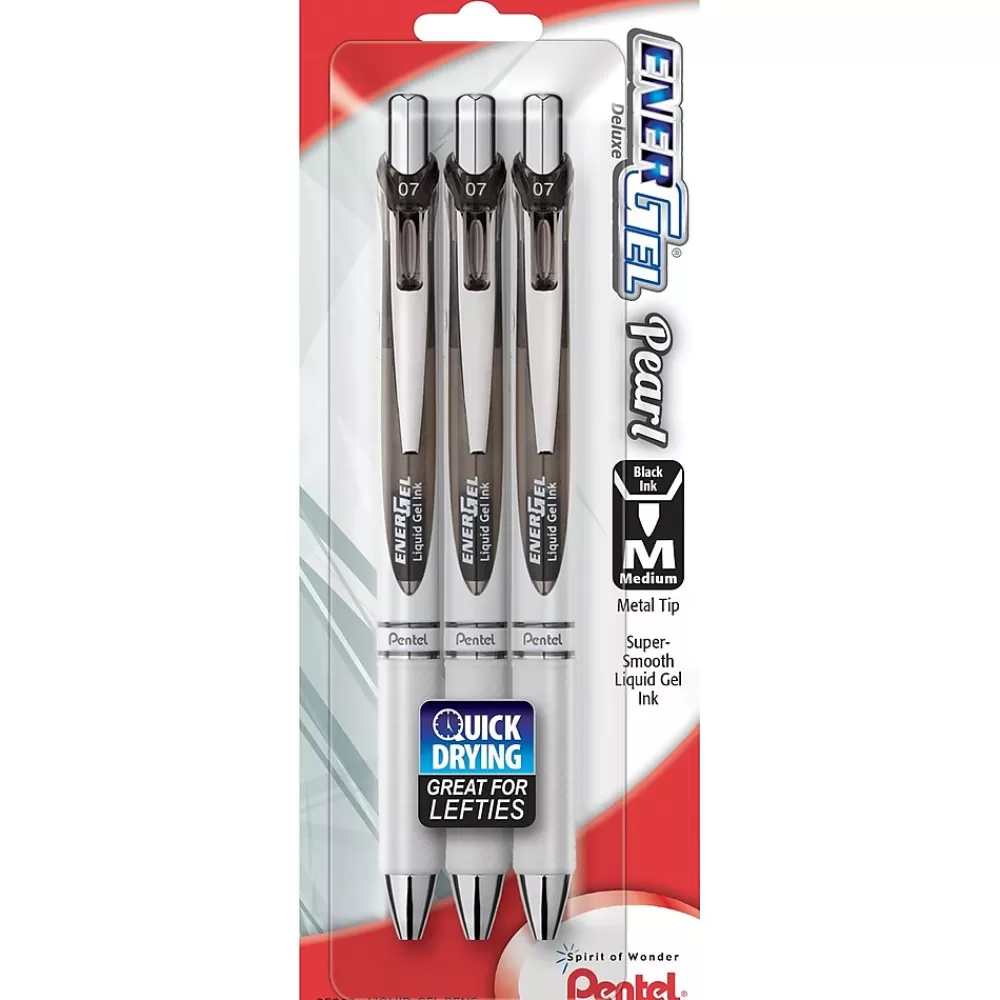 Pentel Pens<EnerGel Pearl Retractable Gel-Ink Pens, Medium Point, Black Accent Barrel, Black, 3/Pack