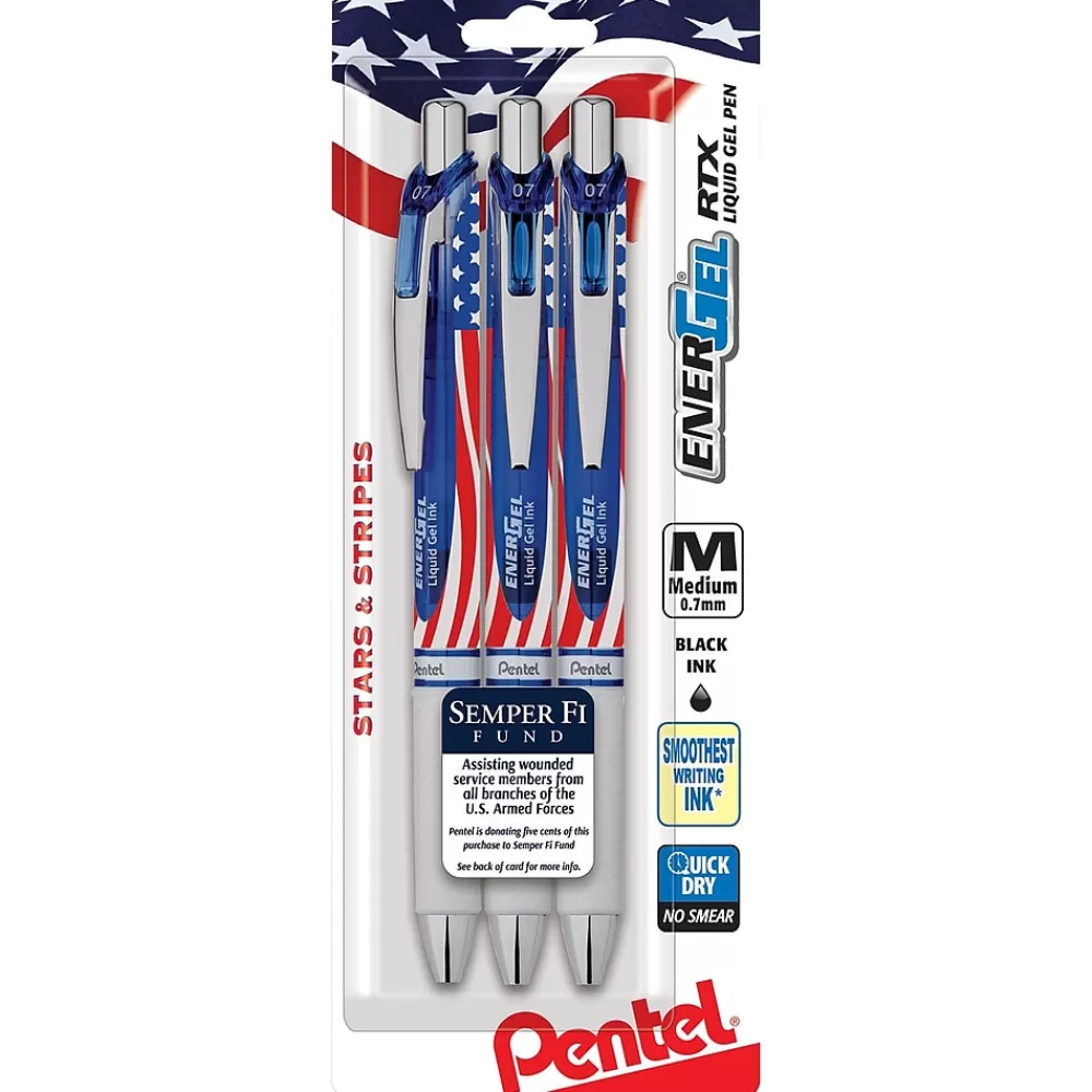 Pentel Pens<EnerGel RTX Gel Pen, Medium Tip, Black Ink, 3/Pack (BL77USABP3A)