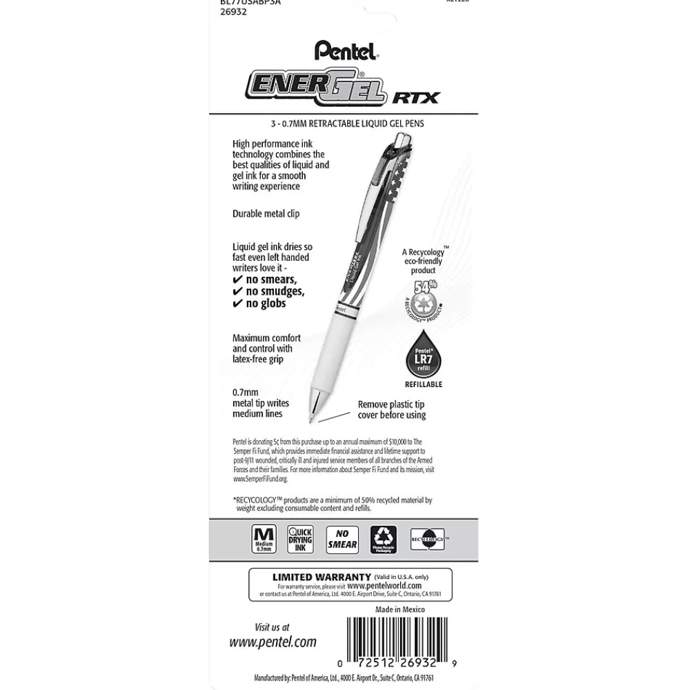 Pentel Pens<EnerGel RTX Gel Pen, Medium Tip, Black Ink, 3/Pack (BL77USABP3A)