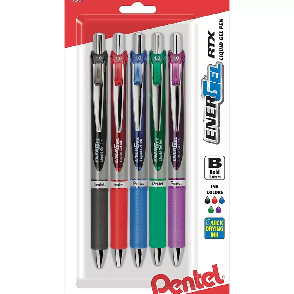 Pentel Pens<EnerGel RTX Gel Pens, Bold Point, Assorted Ink, 5/Pack (BL80BP5M)