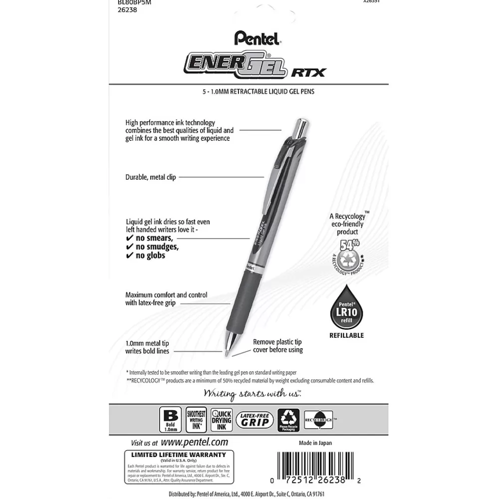 Pentel Pens<EnerGel RTX Gel Pens, Bold Point, Assorted Ink, 5/Pack (BL80BP5M)