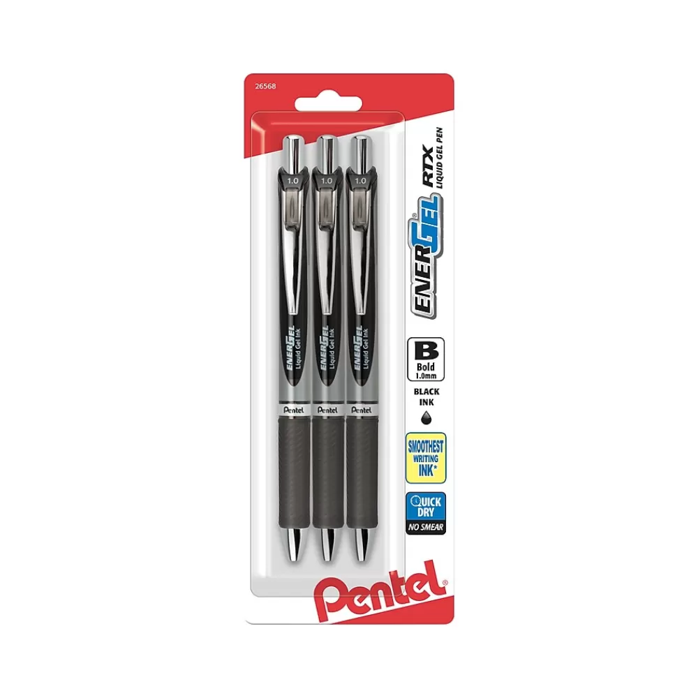 Pentel Pens<EnerGel RTX Retractable Gel Pen, Bold Point, Black Ink, 3/Pack (BL80BP3A)