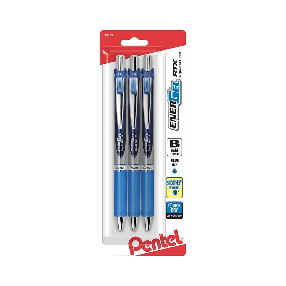 Pentel Pens<EnerGel RTX Retractable Gel Pen, Bold Point, Blue Ink, 3/Pack (BL80BP3C)