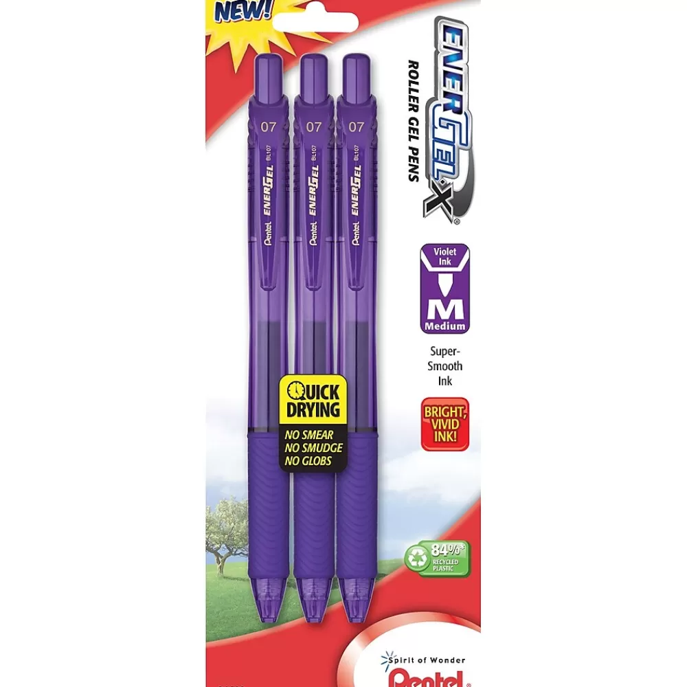 Pentel Pens<® EnerGel-X® Retractable Roller Gel Pen, Medium Point, Violet Ink, 3/Pk (BL107BP3V)