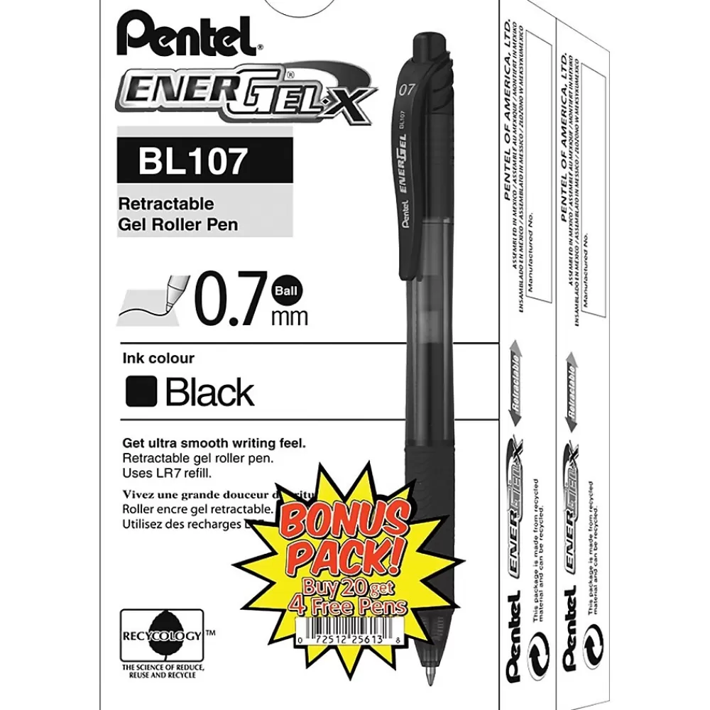 Pentel Pens<EnerGel-X Retractable Roller Gel Pens, Medium Point, Black Ink, 24/Pack (BL107ASW2)
