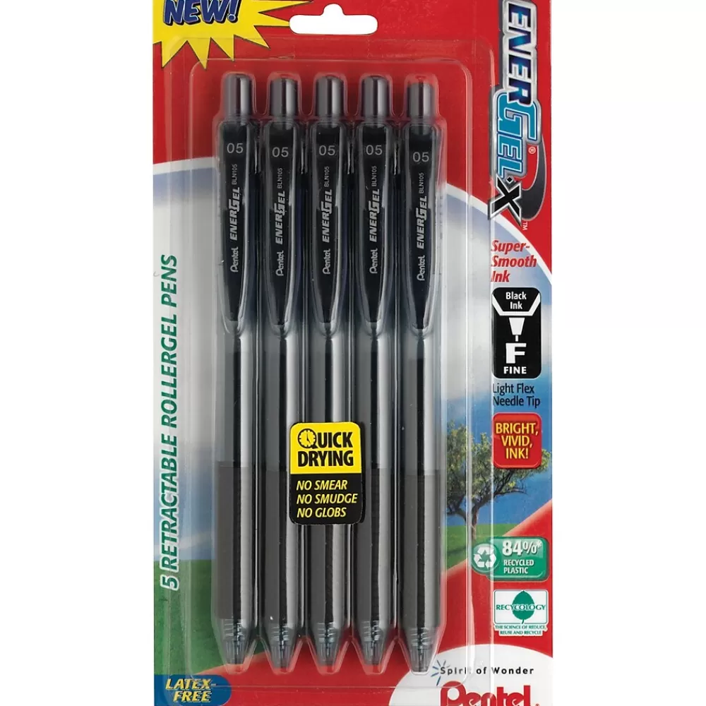 Pentel Pens<EnerGel-X RollerGel Retractable Gel Pens, Medium Point, 0.7mm, Black Ink, 5/Pack (BL107BPS5A)
