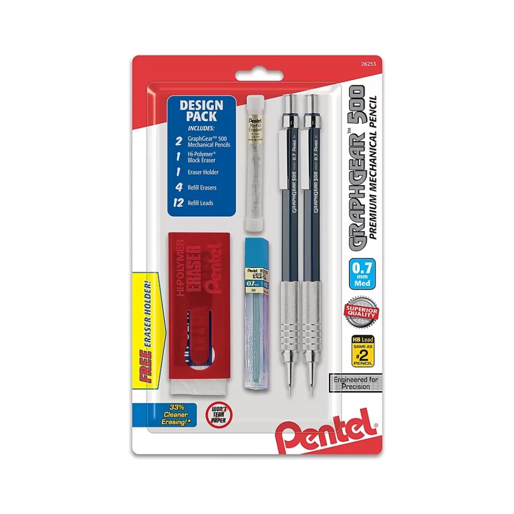 Pentel Pencils<GraphGear 500 Mechanical Pencil, 0.7mm, #2 Medium Lead, 2/Pack (PG527LEBP2)