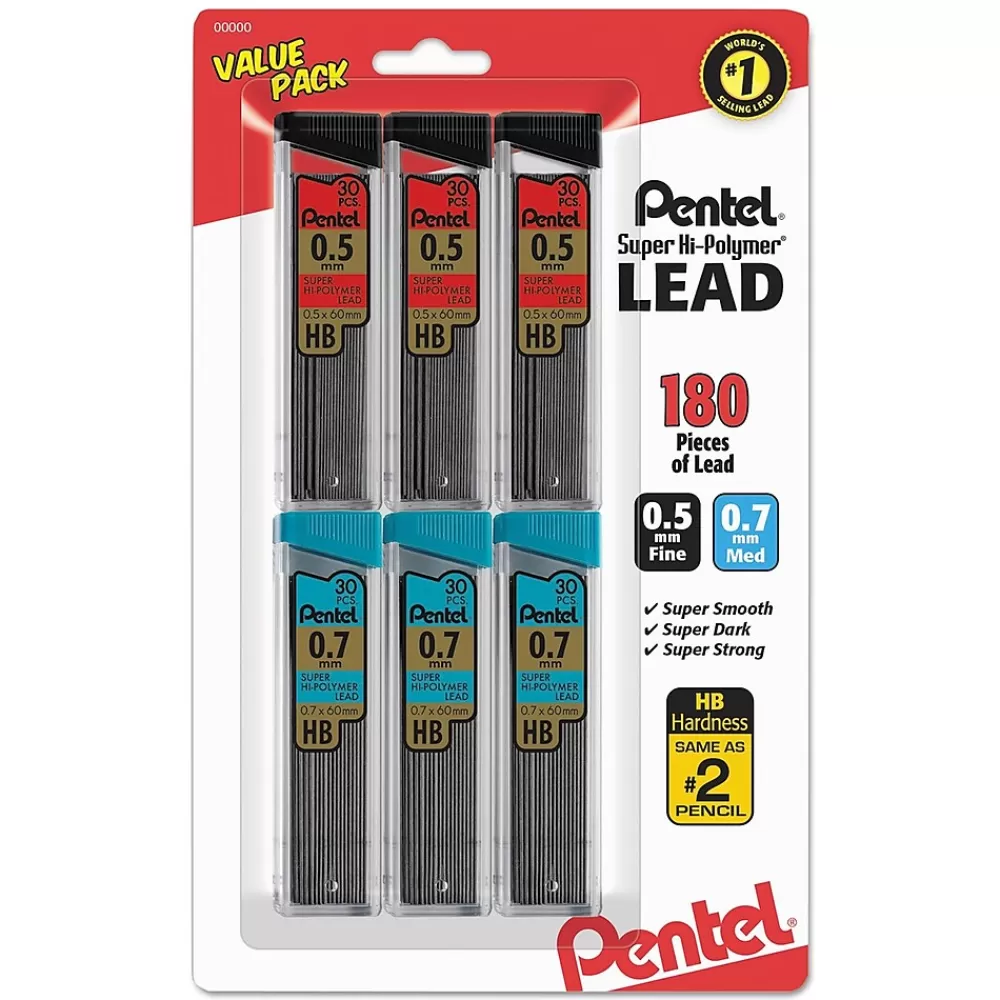 Pentel Pencils<Premium Hi-Polymer Lead Refill, 0.7mm, 30/Leads, 6/Pack (C257BPHB6)