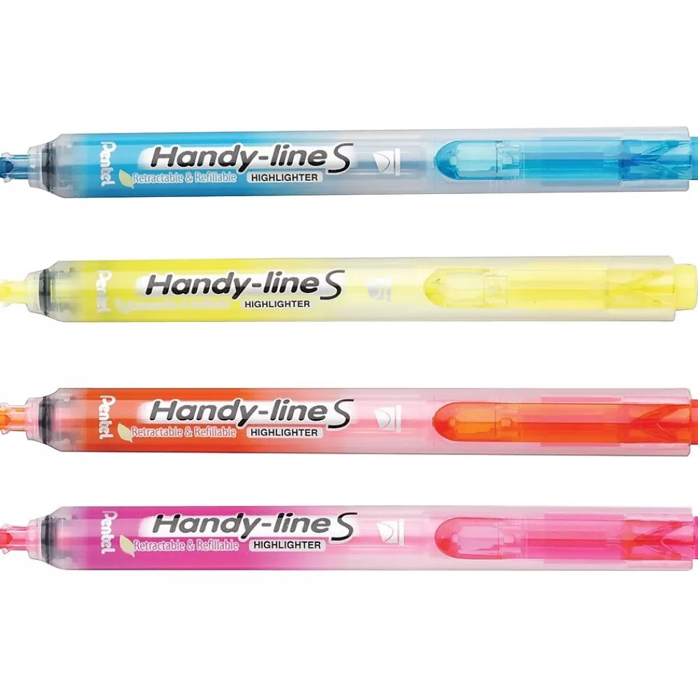 Pentel Highlighters<® Recycled Handy-Lines Slim Retractable Highlighters, 4/Pack (SXS15BPS4M)