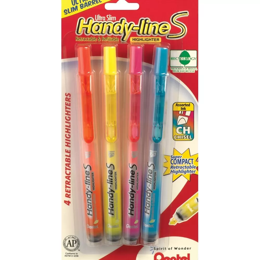 Pentel Highlighters<® Recycled Handy-Lines Slim Retractable Highlighters, 4/Pack (SXS15BPS4M)