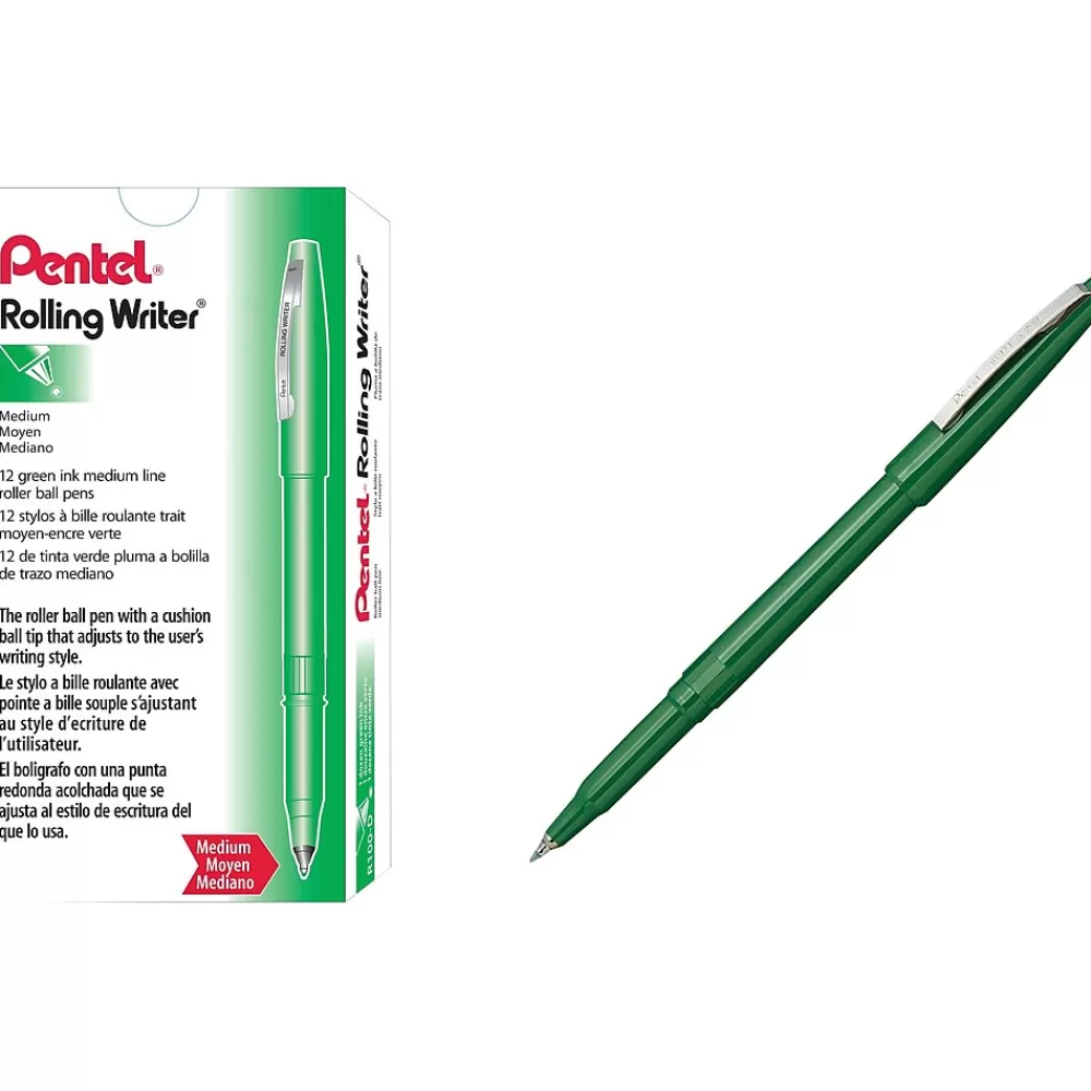 Pentel Pens<Rolling Writer Rollerball Pen, Medium Point, Green Ink, Dozen (R100D)