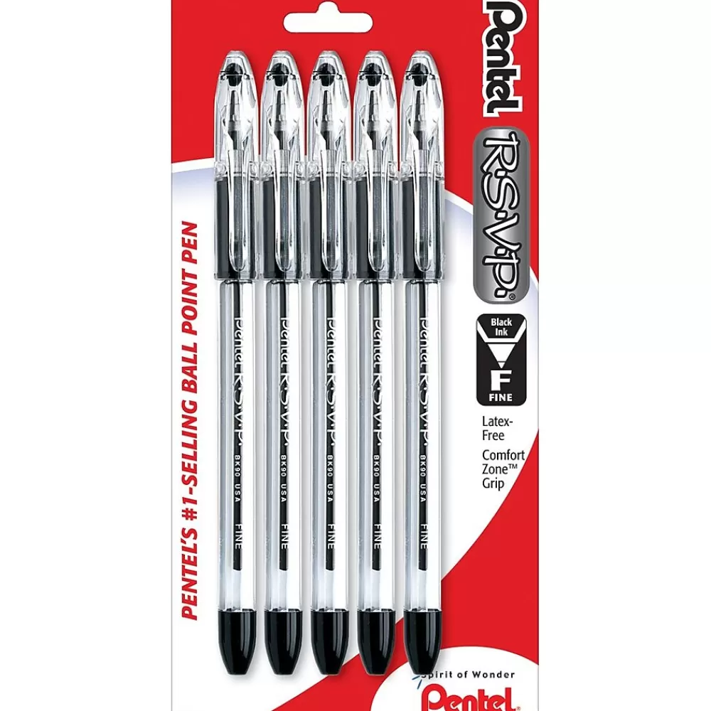Pentel Pens<R.S.V.P. Ballpoint Pen, Fine Point, 0.7 mm, Black Ink, 5/Pk