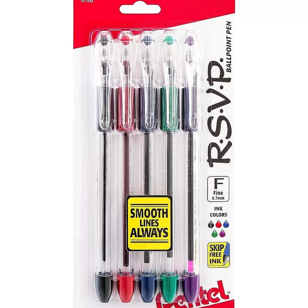 Pentel Pens<R.S.V.P. Ballpoint Pens, Fine Point, Assorted Ink, 5 Pack (BK90BP5M)