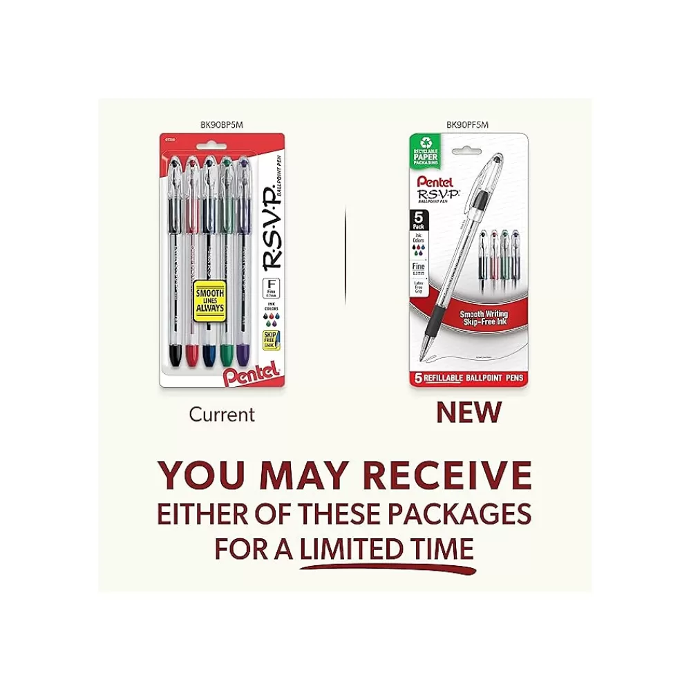 Pentel Pens<R.S.V.P. Ballpoint Pens, Fine Point, Assorted Ink, 5 Pack (BK90BP5M)