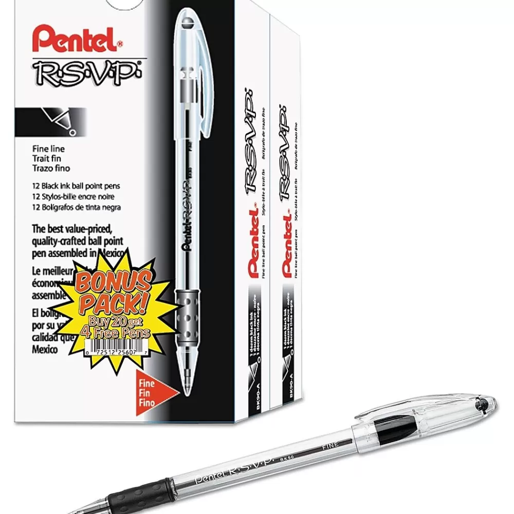 Pentel Pens<R.S.V.P. Ballpoint Stick Pens, Fine Point, Black Ink with Clear Barrel, 24/Pack (BK90ASW2)