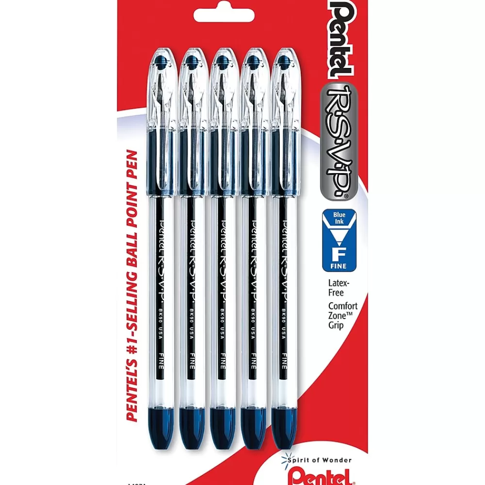 Pentel Pens<R.S.V.P. Fine Line Ballpoint Pen, Fine Point, 0.7 mm, Blue Ink, 5/Pk