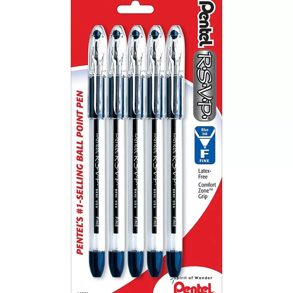 Pentel Pens<R.S.V.P. Fine Line Ballpoint Pen, Fine Point, 0.7 mm, Blue Ink, 5/Pk