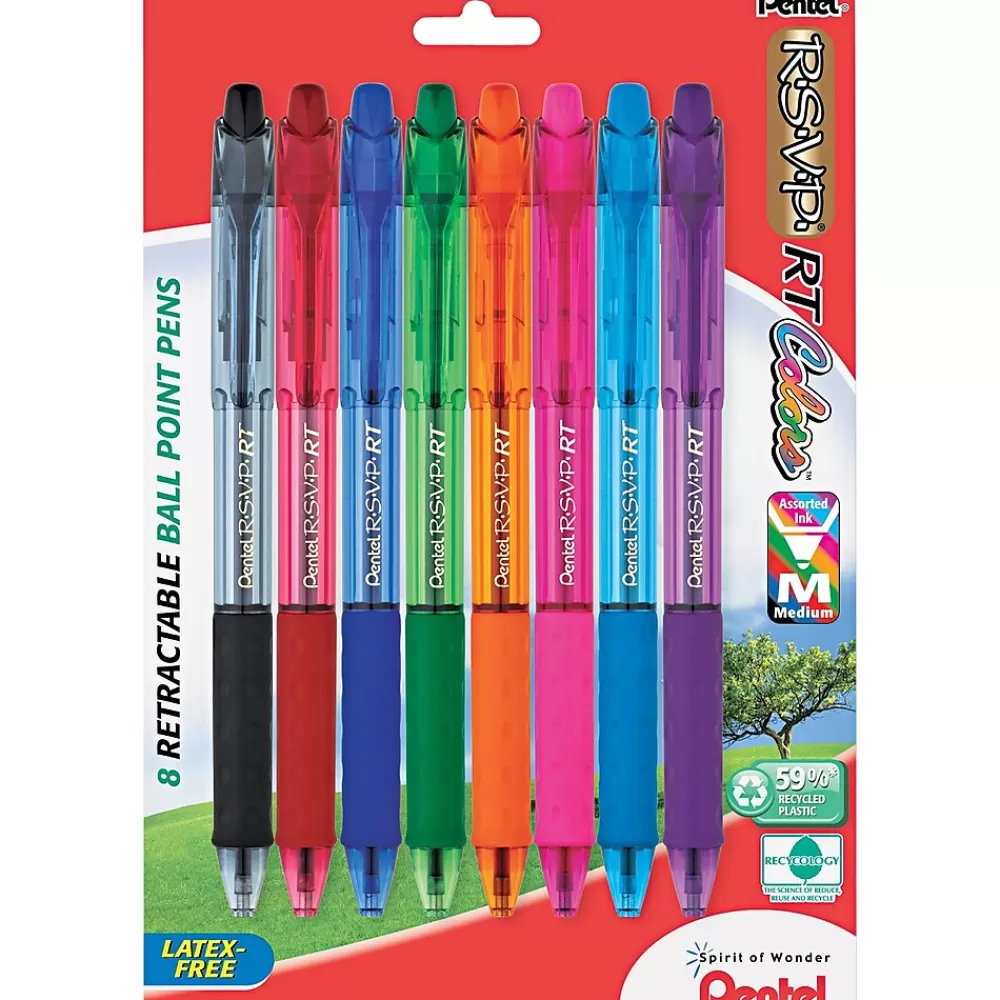 Pentel Pens<R.S.V.P.® RT Retractable Ballpoint Pen, Medium Point, Assorted Ink, 8/Pack (BK93CRBP8M)