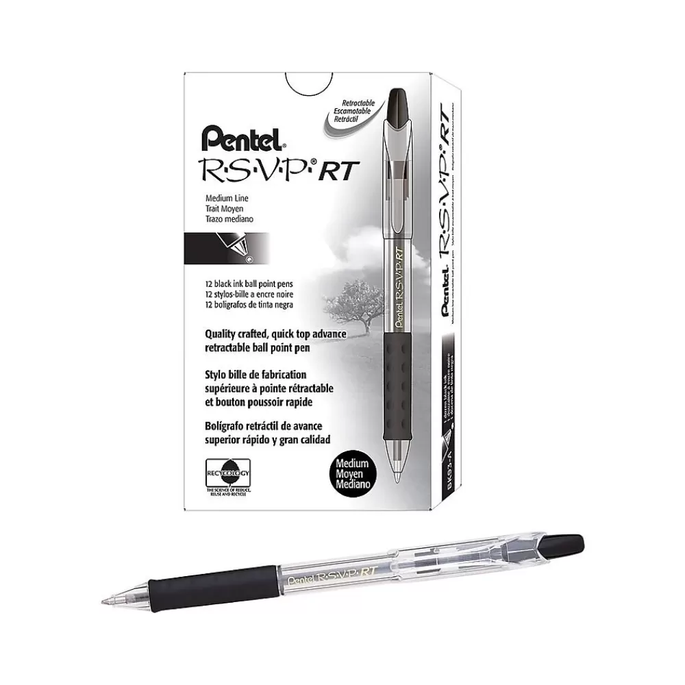 Pentel Pens<R.S.V.P. RT Retractable Ballpoint Pens, Medium Point, Black Ink, Dozen (BK93-A)