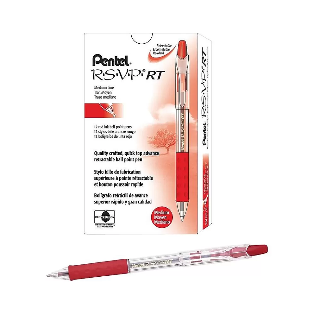 Pentel Pens<R.S.V.P. RT Retractable Ballpoint Pens, Medium Point, Red Ink, Dozen (BK93B)