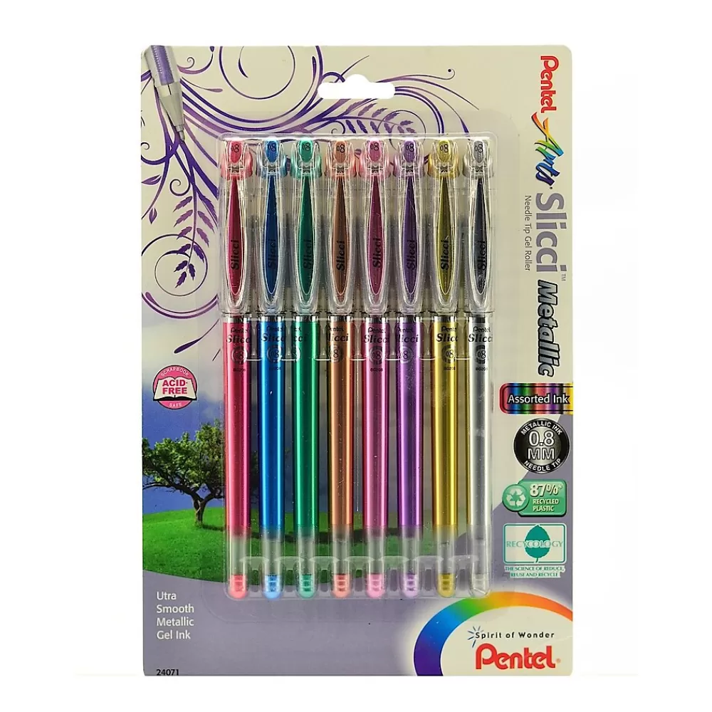 Pentel Pens<Slicci Metallic Gel Pens, 0.8 mm, Extra Fine Point, Assorted Colors, 8/Pack (99029)