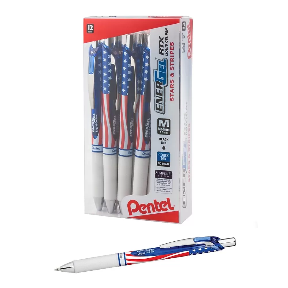 Pentel Pens<Stars & Stripes Edition EnerGel RTX Liquid Gel Pens, Medium Point, Black Ink, Dozen (BL77USA-A)