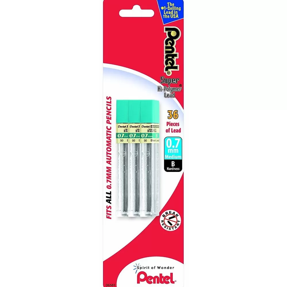 Pentel Pencils<® Super Hi-Polymer® Lead Refill, B, 0.7mm, Tube of 12, 3 Tubes/Pack (L50BP3B-K6)