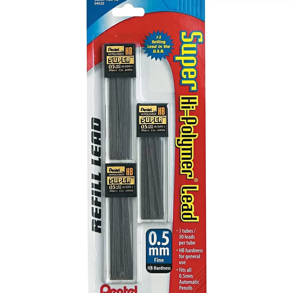 Pentel Pencils<Super Hi-Polymer Lead Refill, 0.5mm, 30/Leads, 3/Pack (C25BPHB3-K6)