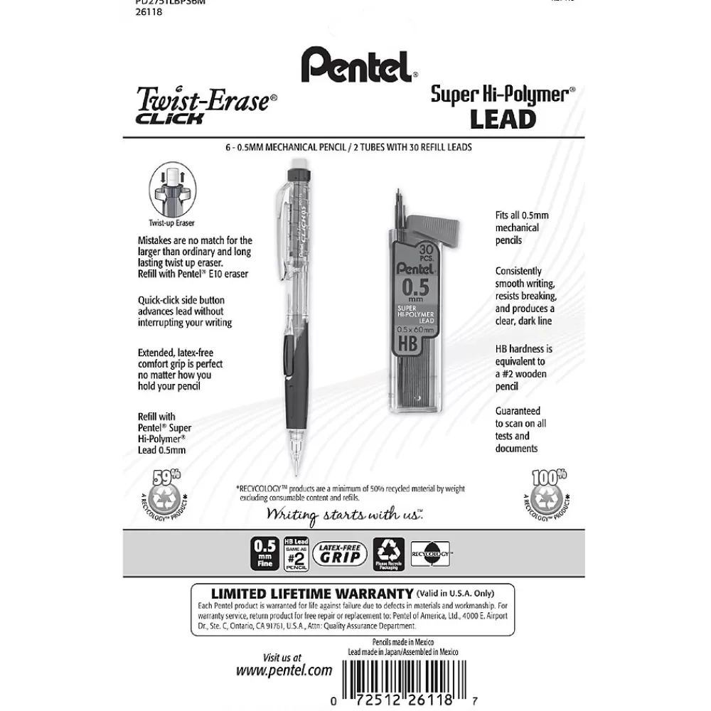 Pentel Pencils<Twist-Erase Click Mechanical Pencil, 0.5mm, Assoted colors, 6/PK (PD275TLBPS6M)