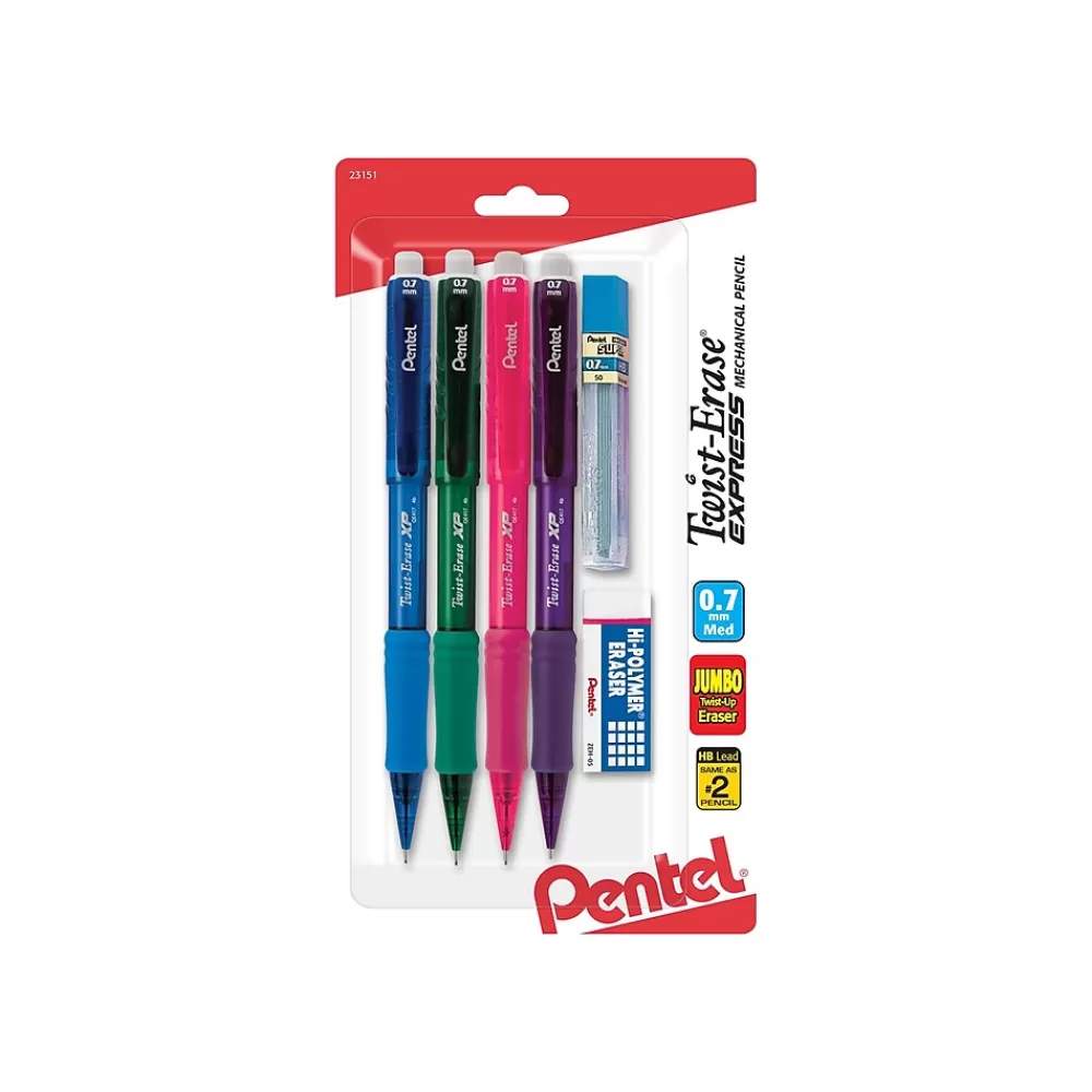 Pentel Pencils<Twist-Erase EXPRESS Mechanical Pencil, 0.7mm, #2 Medium Lead, 4/Pack (QE417FLZBP4)