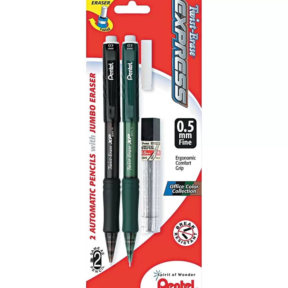 Pentel Pencils<Twist-Erase EXPRESS Mechanical Pencil, 0.5mm, #2 Medium Lead, 2/Pack (QE415LEBP2)