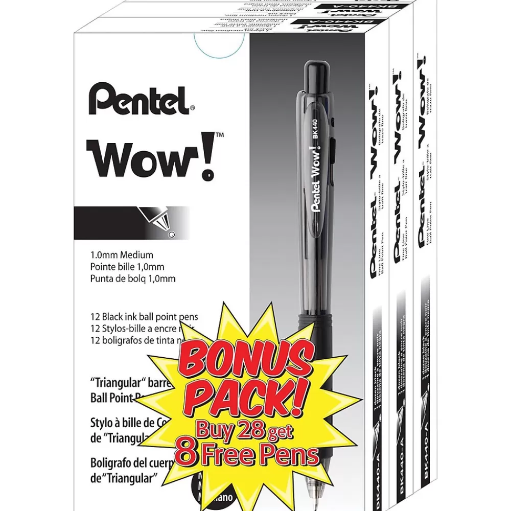 Pentel Pens<® WOW® Retractable Ballpoint Pens Bonus Pack, Medium Point, Black Ink, 36/Pack (BK440ASWUSS)