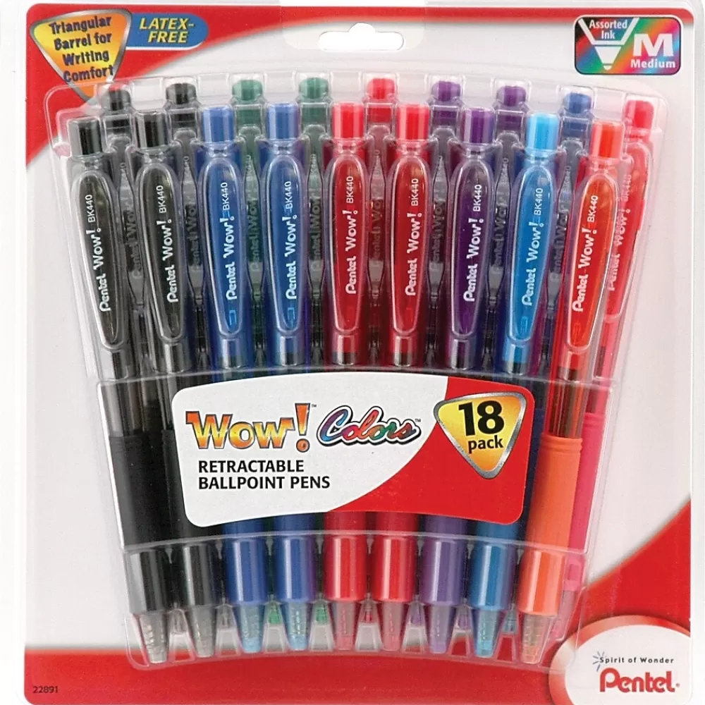 Pentel Pens<WOW! Retractable Ballpoint Pens, Medium Point, Assorted Ink, 18/Pack (BK440PC18M)