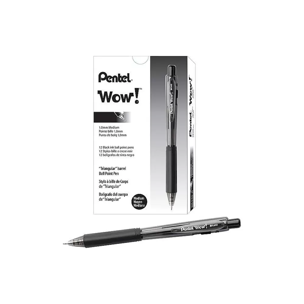 Pentel Pens<WOW! Retractable Ballpoint Pens, Medium Point, Black Ink, Dozen (BK440-A)