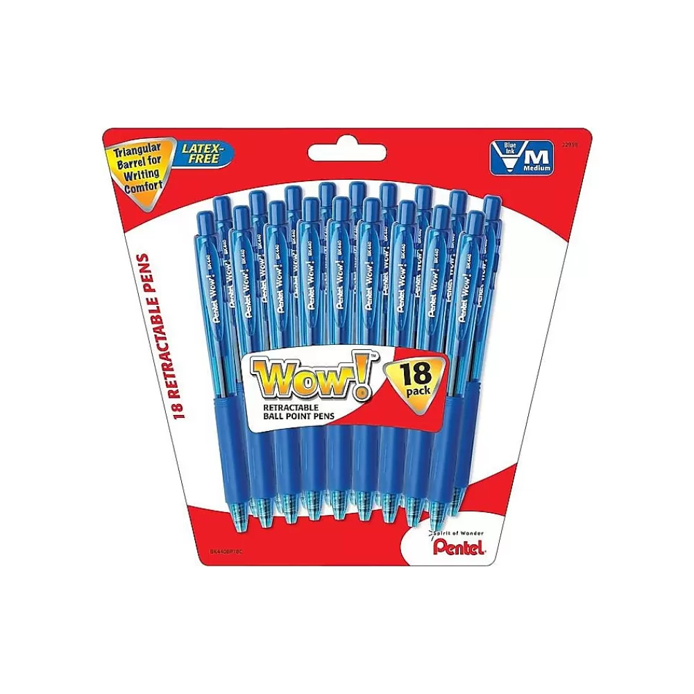 Pentel Pens<WOW! Retractable Ballpoint Pens, Medium Point, Blue Ink, 18 Pack (BK440BP18C)