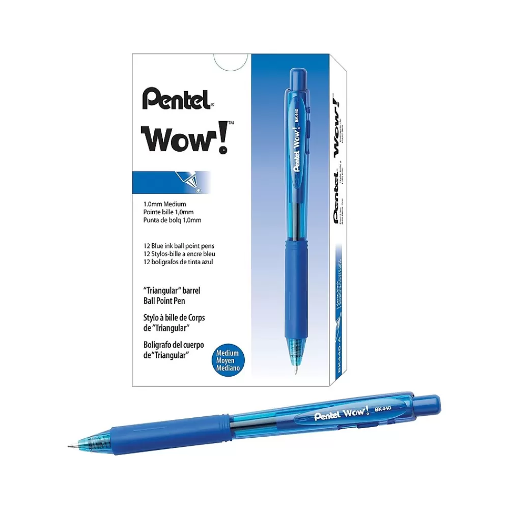 Pentel Pens<WOW! Retractable Ballpoint Pens, Medium Point, Blue Ink, 12/Pack (BK440-C)