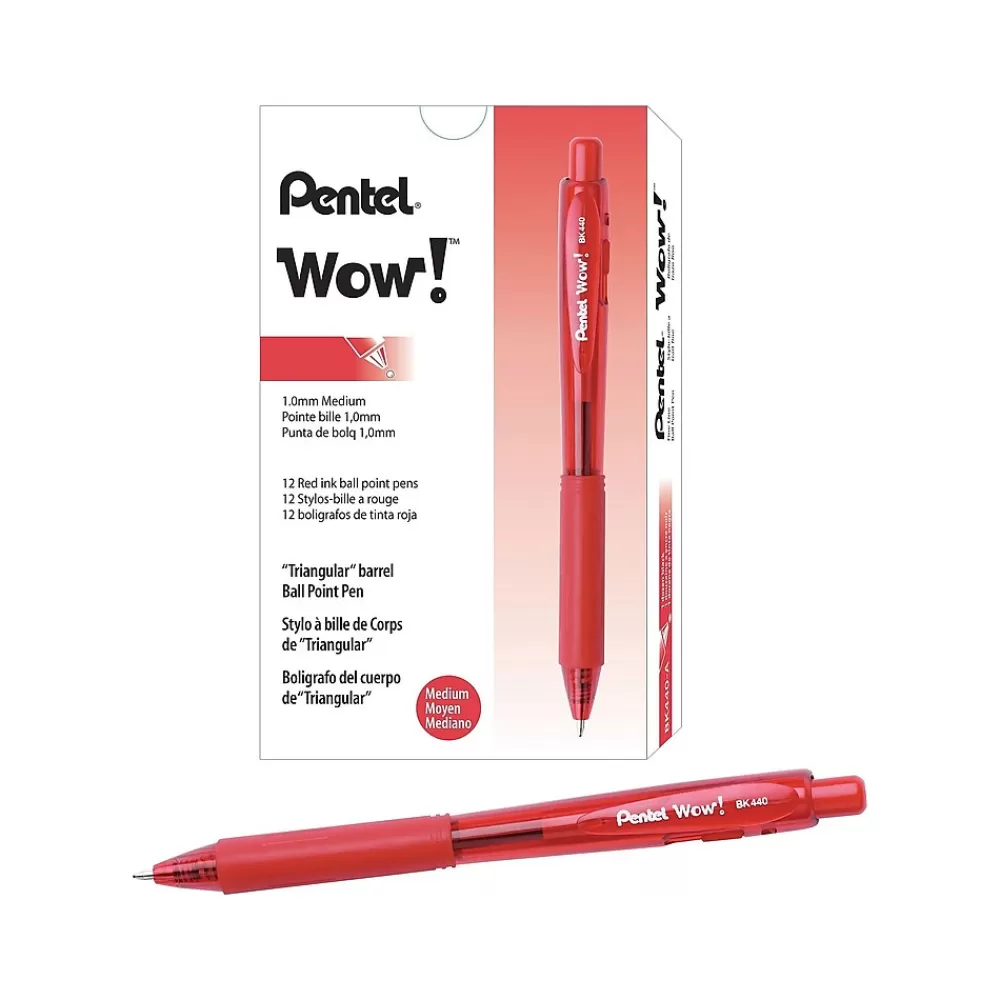 Pentel Pens<WOW! Retractable Ballpoint Pens, Medium Point, Red Ink, Dozen (BK440-B)