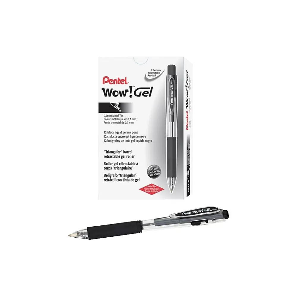 Pentel Pens<WOW! Retractable Gel Pens, Medium Point, Black Ink, 24/Pk (K437ASW2)