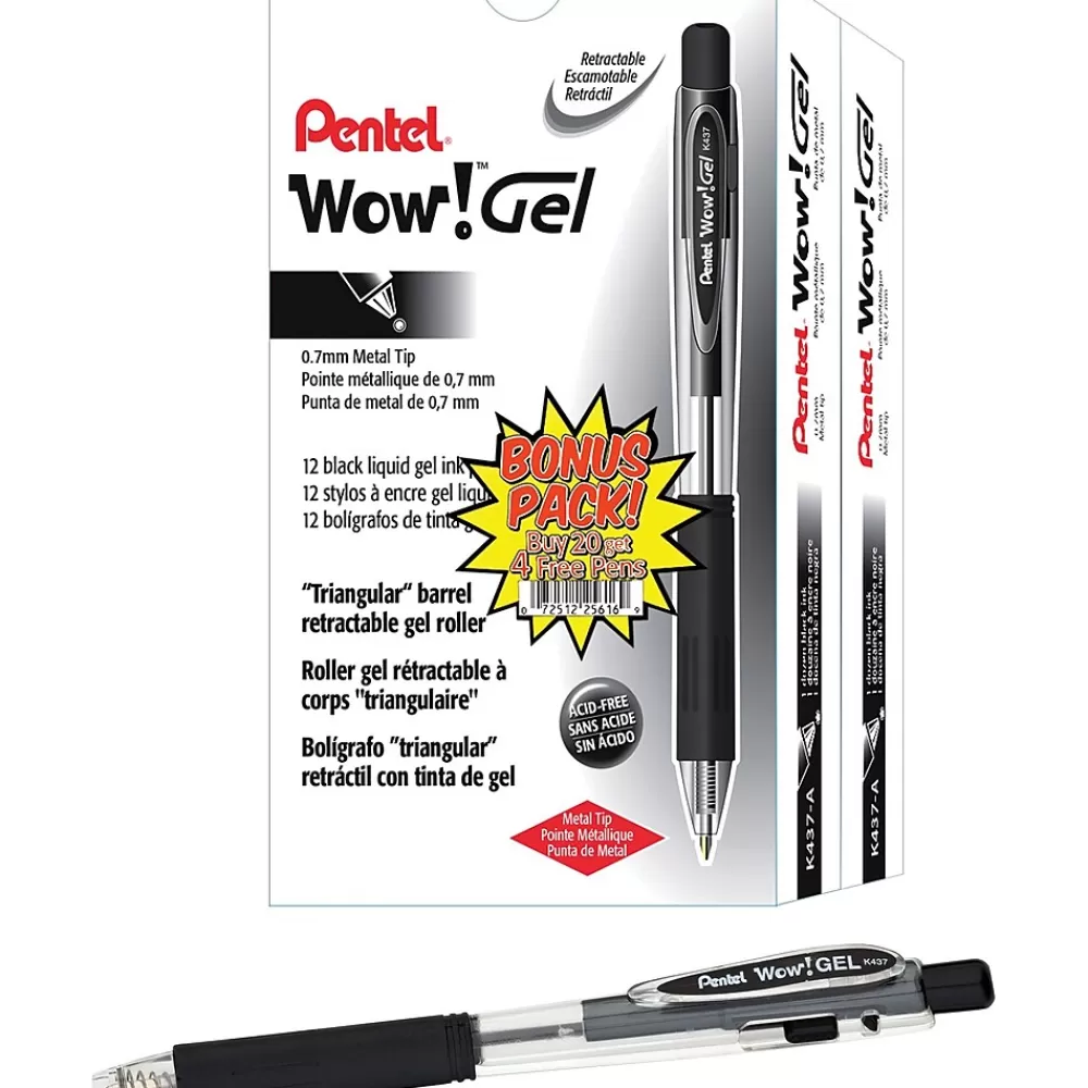 Pentel Pens<WOW! Retractable Gel Pens, Medium Point, Black Ink, 24/Pk (K437ASW2)