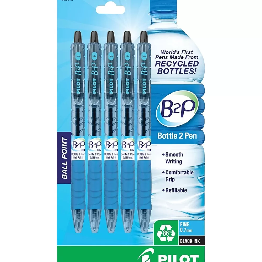 Pilot Pens<B2P Bottle 2 Pen Retractable Ballpoint Pens, Fine Point, Black Ink, 5/Pack (32612)