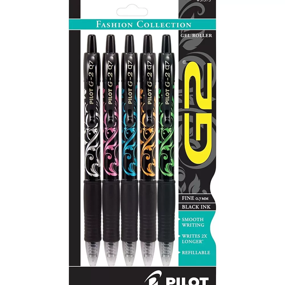 Pilot Pens<G2 Fashion Collection Retractable Gel Pens, Fine Point, Black Ink, 5/Pack (31373)
