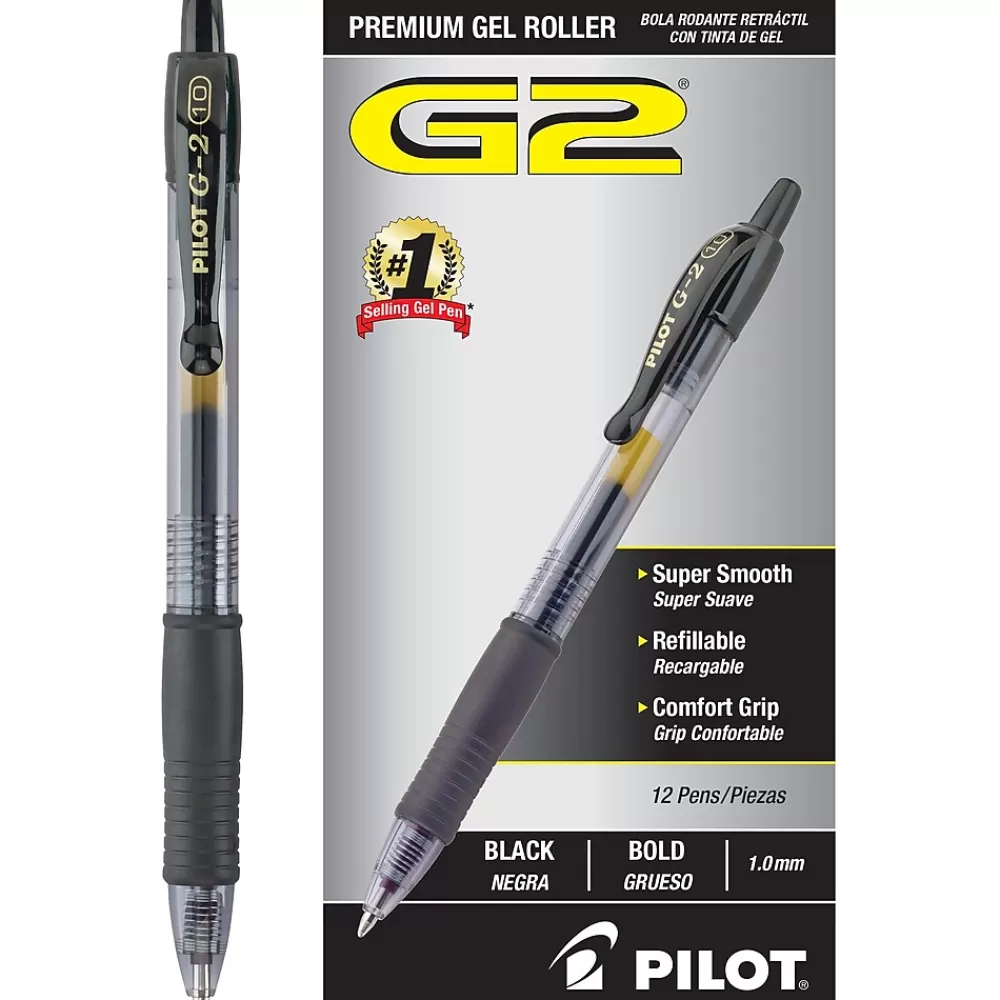 Pilot Pens<G2 Retractable Gel Pens, Bold Point, 1.0mm, Black Ink, Dozen (31256)