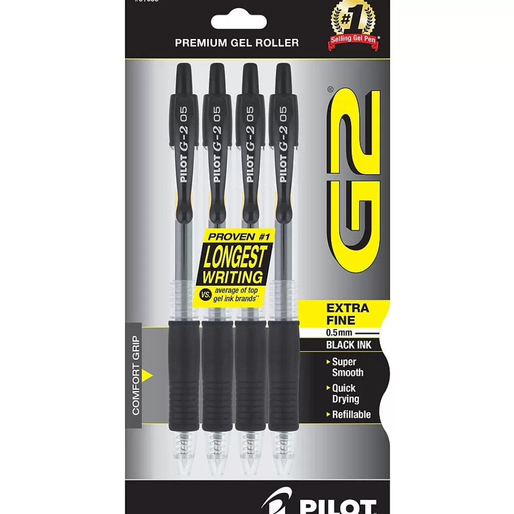 Pilot Pens<G2 Retractable Gel Pens, Extra Fine Point, Black Ink, 4/Pack (31055)