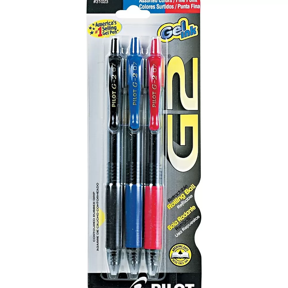 Pilot Pens<G2 Retractable Gel Pens, Fine Point, Assorted Ink, 3/Pack (31023)