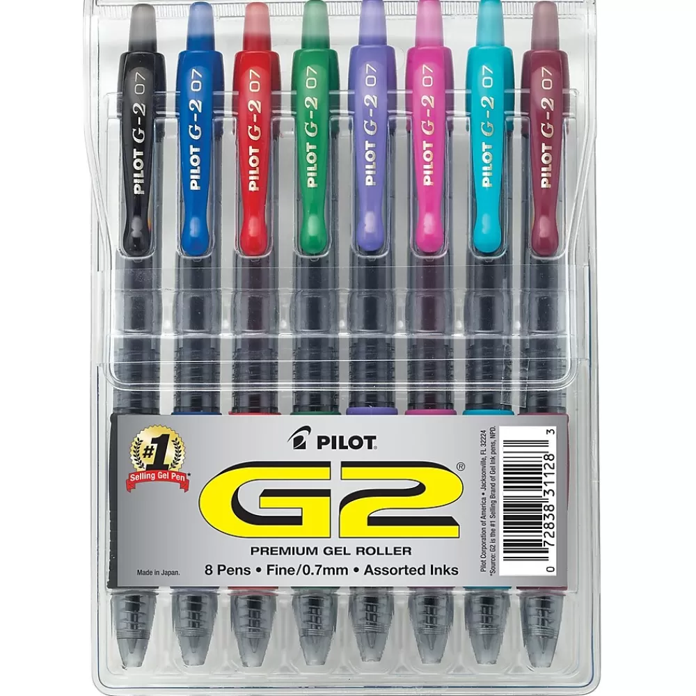 Pilot Pens<G2 Retractable Gel Pens, Fine Point, Assorted Ink, 8/Pack (31128)