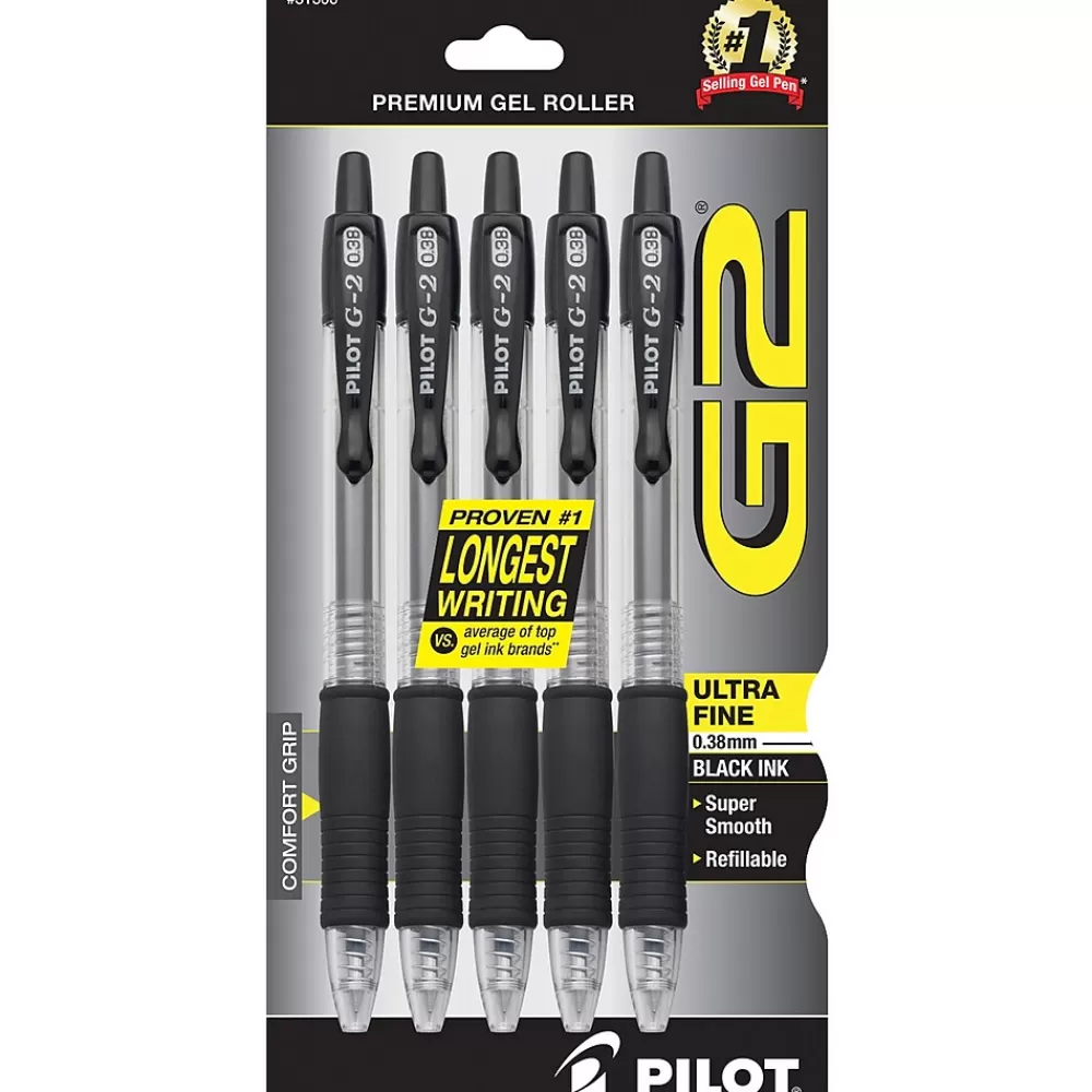 Pilot Pens<G2 Retractable Gel Pens, Ultra Fine Point, Black Ink, 5/Pack (31306)