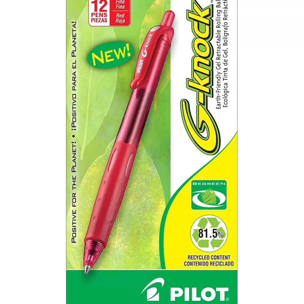 Pilot Pens<G-Knock BeGreen Retractable Gel Pens, Fine Point, Red Ink, Dozen (31508)