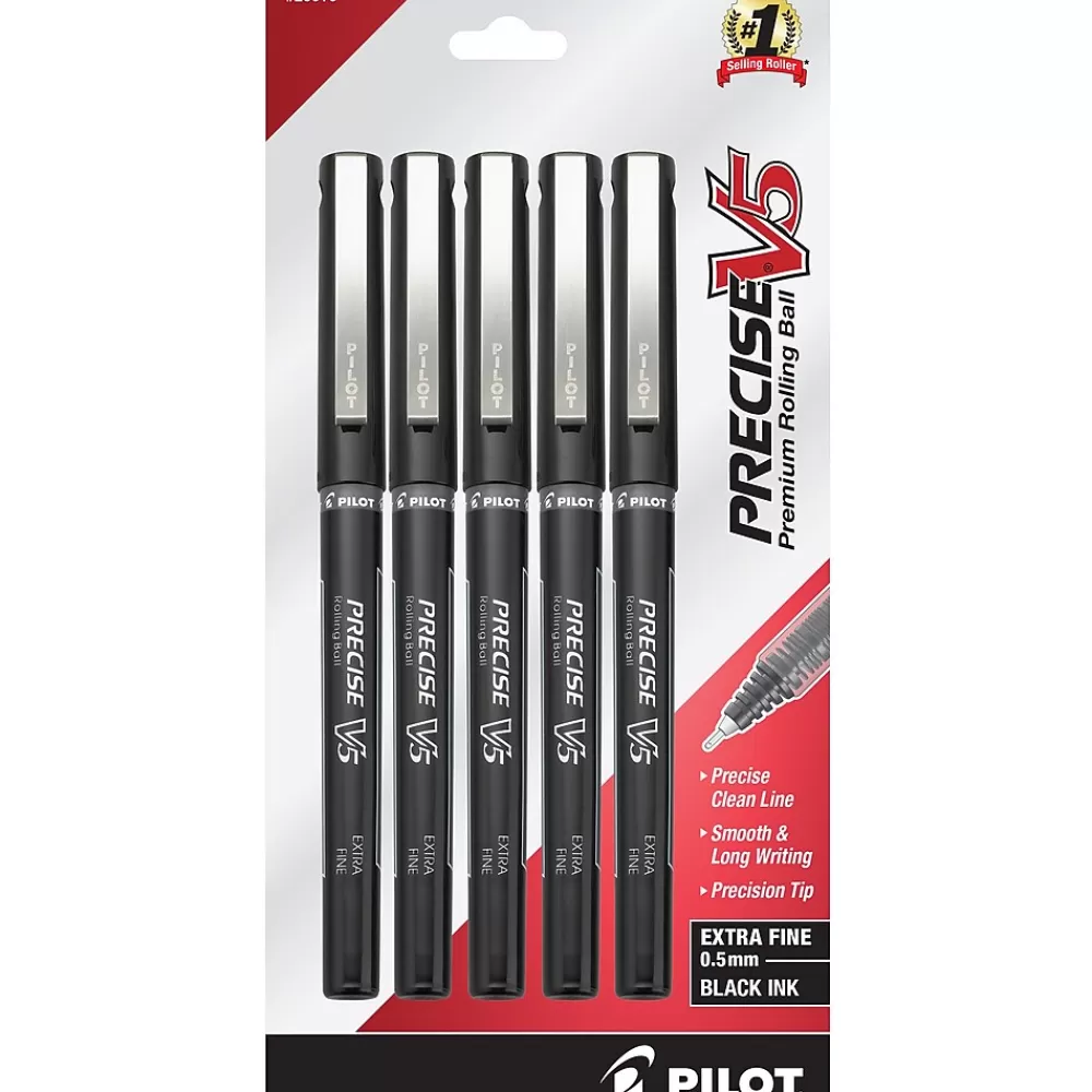 Pilot Pens<Precise V5 Rollerball Pens, Extra Fine Point, 0.5mm, Black Ink, 5/Pack (26010)