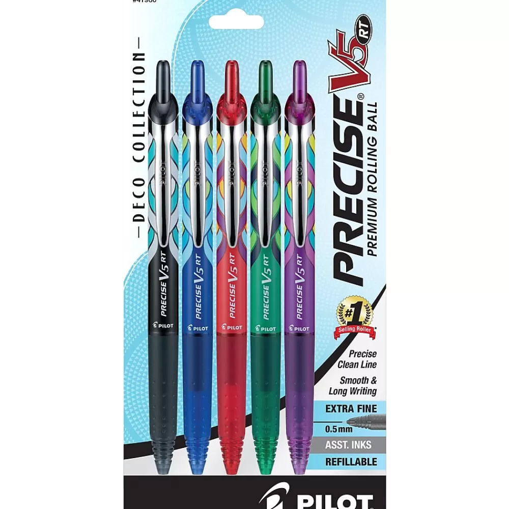 Pilot Pens<Precise V5 RT Deco Collection Retractable Rollerball Pens, Extra Fine Point, Assorted Ink, 5/Pack (41980)